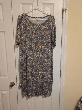 LuLaRoe Floral Midi Dress in Blue and Yellow